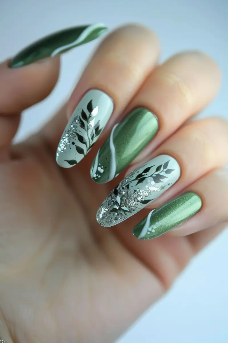 Glam Up With 19 Trendy Sage Green & Silver Nail Ideas