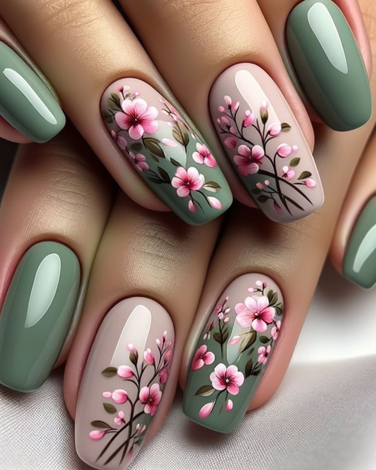 Sage Green and Pink Nails