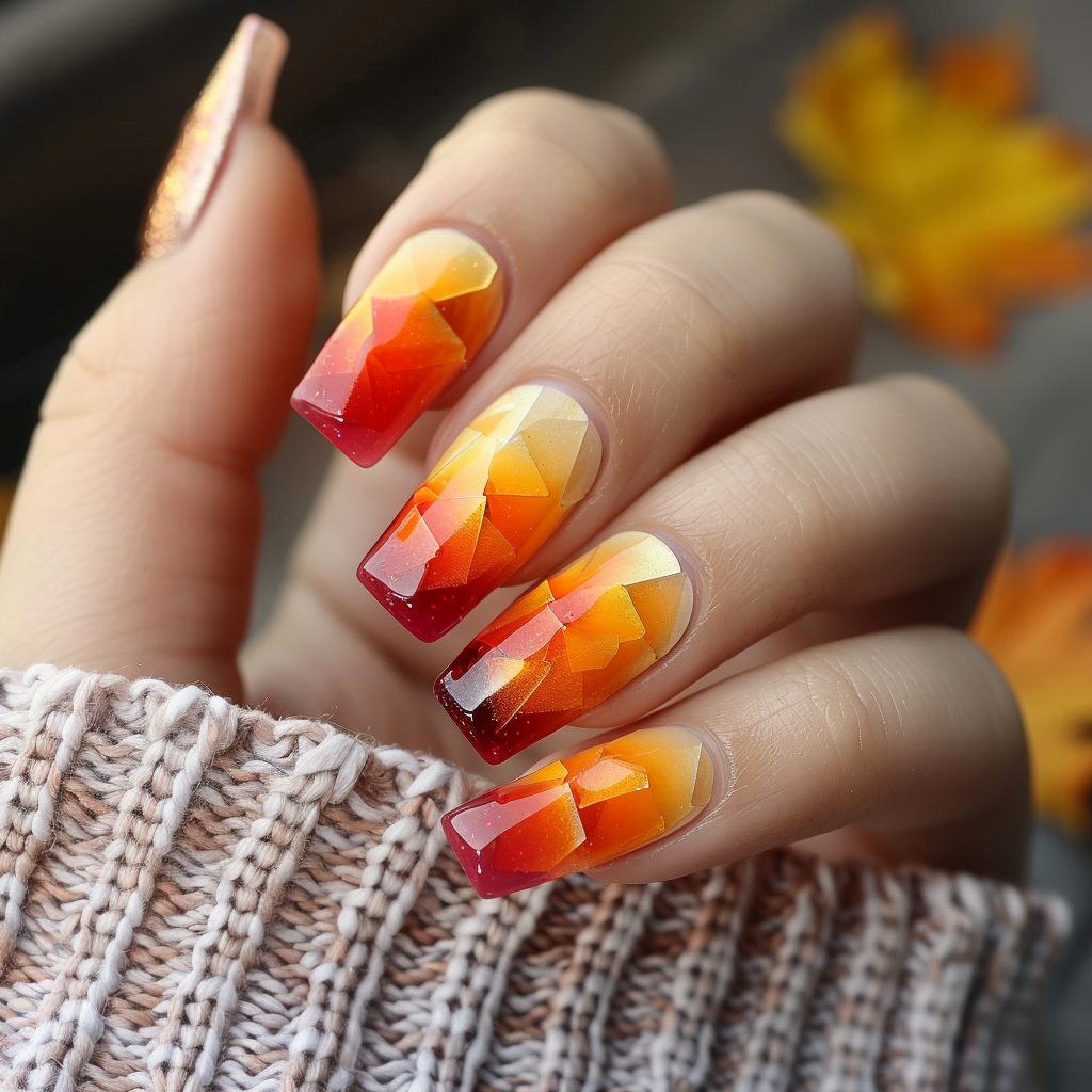 Sunset Orange Ombre Squares Nails